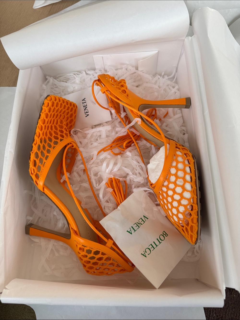 Bottega Veneta Bright Orange Mesh Lace-Up Pointed-Toe Heels